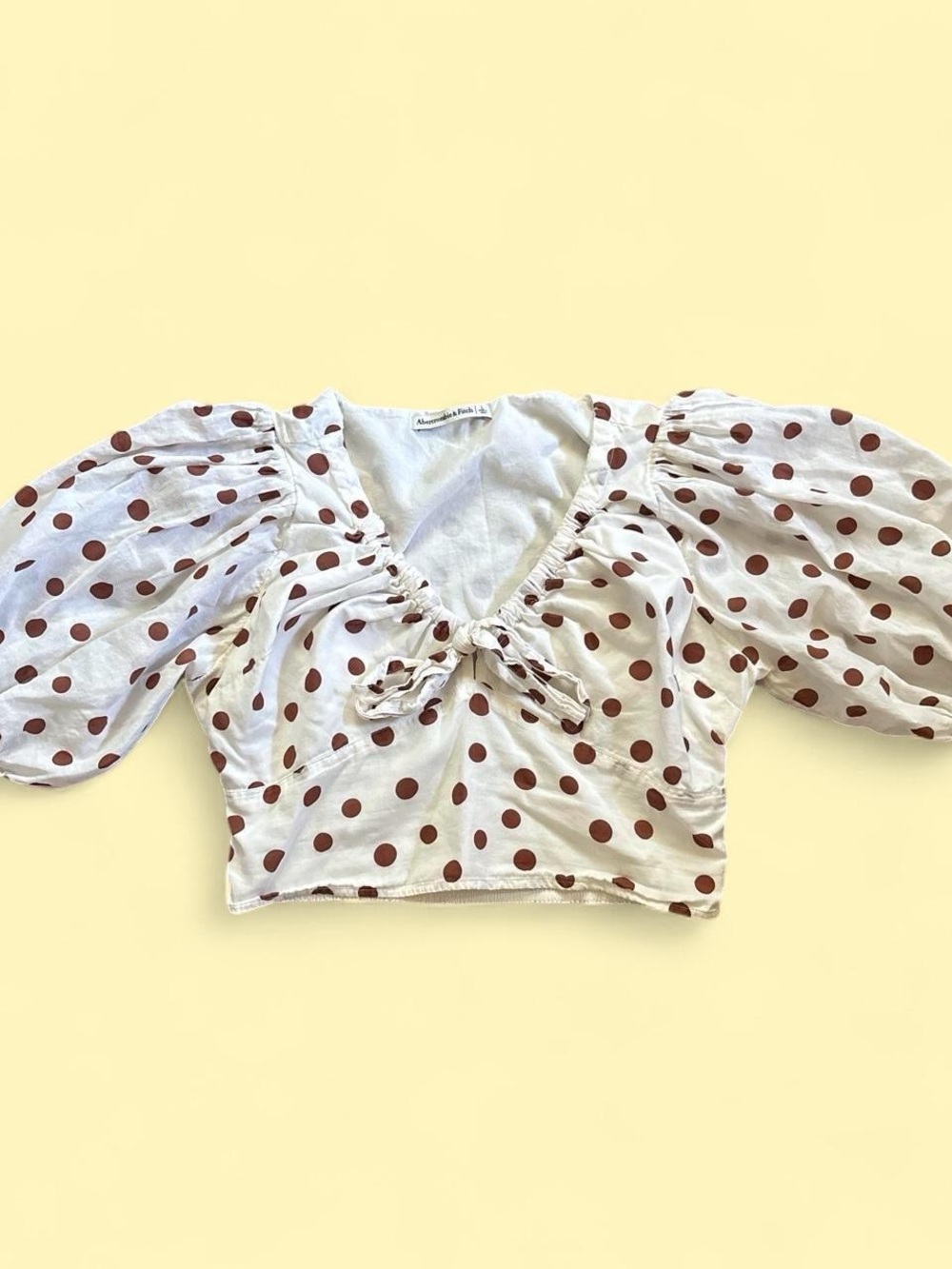Abercrombie & Fitch White Crop Top with Brown Polka Dots and Tie Front